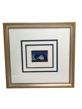 Bernd Hauck Signed Limited Edition Cats on Rooftop Print 282/350 Gold Frame